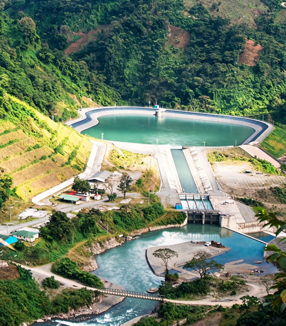 Aerial view of a hydroelectric plant in the mountains